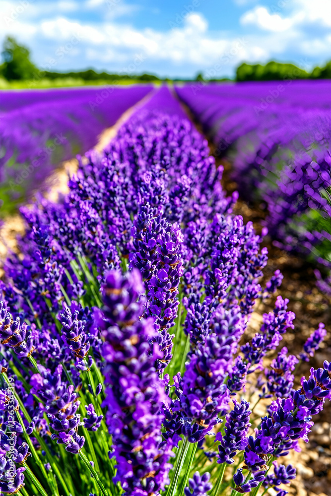 Obraz premium Beautiful Flower Fields Under A Summer Sky With Purple Blooms And Green