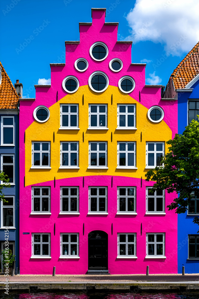 Fototapeta premium Colorful Residential Building Exterior Under Sunny Sky With Unique Design And