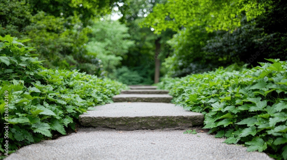 Park stone steps leading into lush greenery. Possible use Nature photography Park stone steps leading into lush greenery. Possible use Nature photography