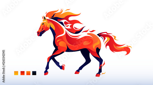 Vector illustration of a blazing fire horse. A symbol of the Year of the Horse, China. A red horse with its mane and tail shaped like flames