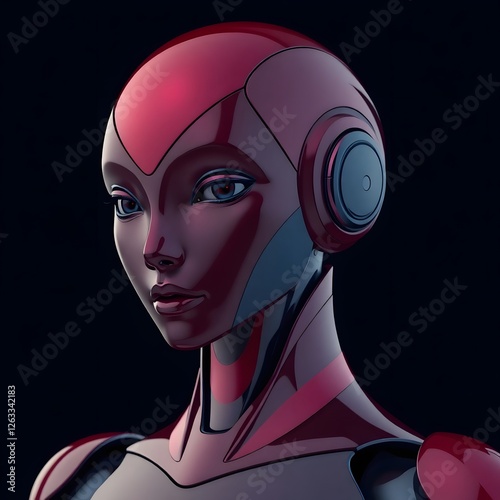 A captivating 3D illustration features a futuristic robot woman, her head showcasing intricate technology and abstract beauty, blending human anatomy with cyborg artistry