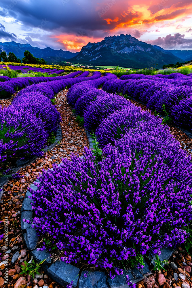 Obraz premium Scenic Flower Field at Sunset in Mountainous Landscape With Purple Flowers and