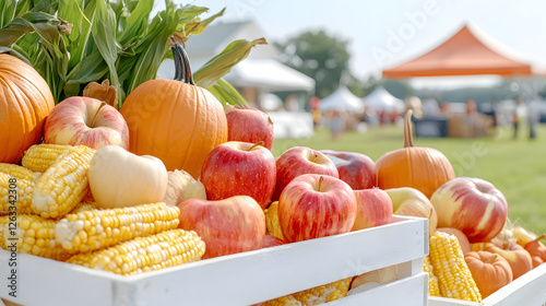 vibrant harvest festival display featuring pumpkins, apples, and corn, showcasing abundance of autumn produce. scene evokes festive atmosphere with colorful fruits and vegetables