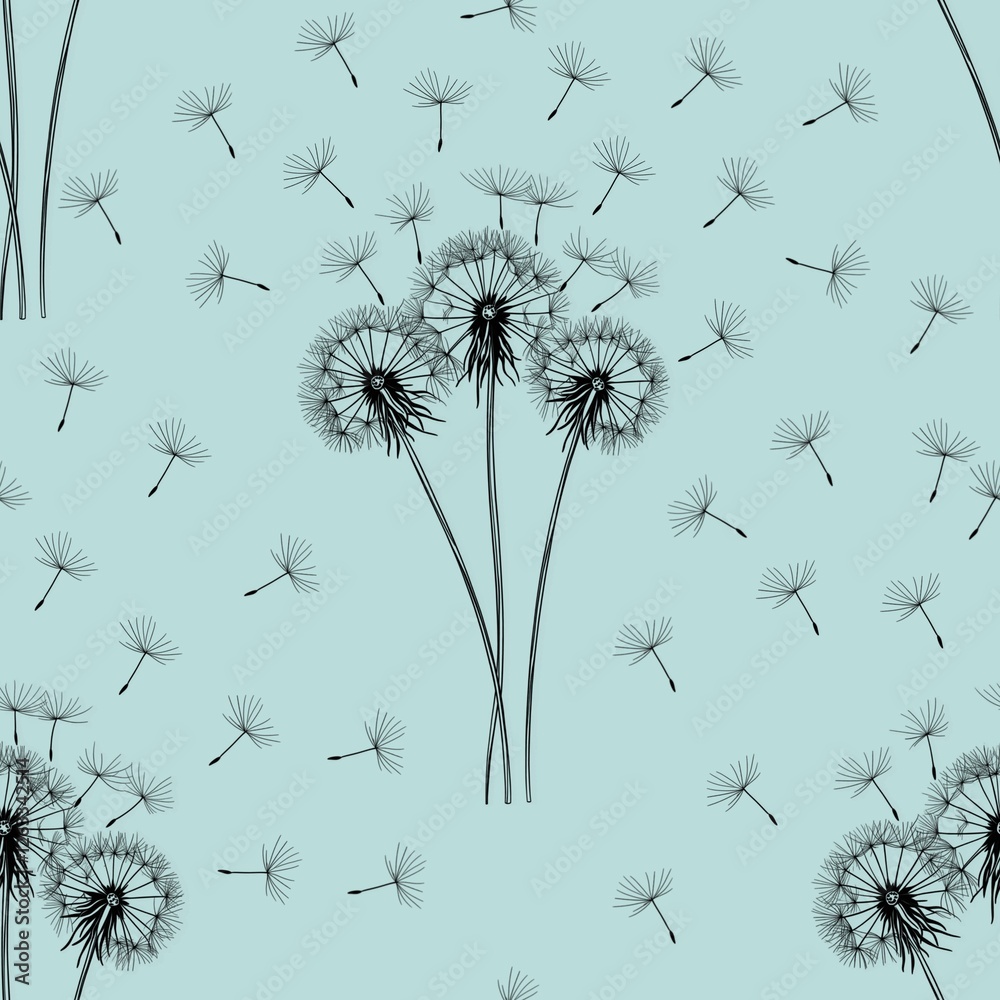 Seamless Pattern Dandelions Big Design and Flying Seed on Pastel Blue Background Seamless Pattern Dandelions Big Design and Flying Seed on Pastel Blue Background