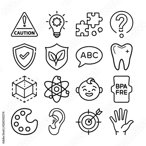 Baby toddler toys features. Teething relief, fine motor skills, hand eye coordination editable stroke outline icons set isolated on white background flat vector illustration.