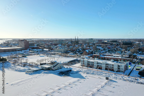 Aerial view of frozen city in winter, Prince edward island Canada.