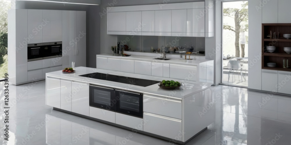 Modern kitchen with a large island and glossy white cabinets Modern kitchen with a large island and glossy white cabinets