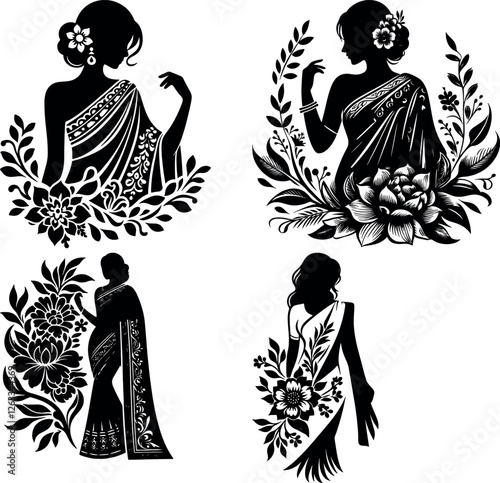 Set of Vibrant Floral Saree Design Elements