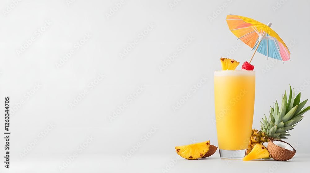 refreshing mocktail with tropical flavors, garnished with fruit and colorful umbrella, perfect for summer enjoyment