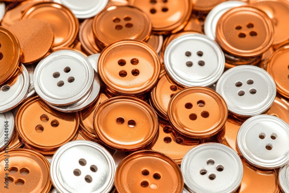 Close-up view of shiny metallic orange and silver buttons showcasing intricate textures and warm lighting effects