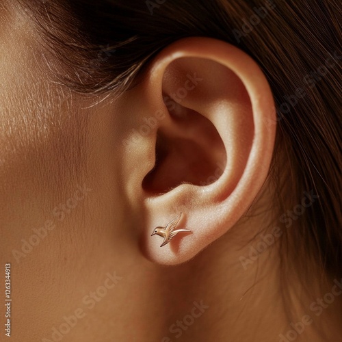 Elegant hummingbird earring stud on ear showing intricate jewelry design