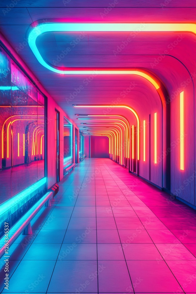 Neon-lit futuristic corridor glows vibrant pink blue. Neon-lit futuristic corridor glows vibrant pink blue.