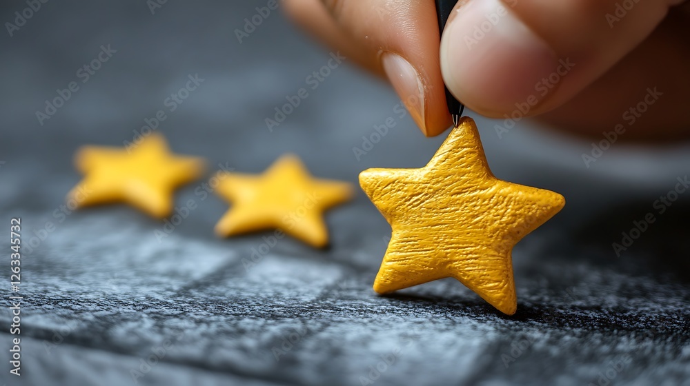 Hand placing a gold star on a dark surface, adding to a row of three stars, symbolizing rating or review.