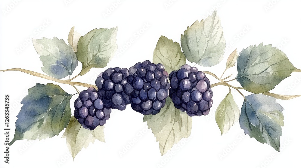 Fototapeta premium Harvesting blackberries in nature watercolor illustration fresh berries botanical art