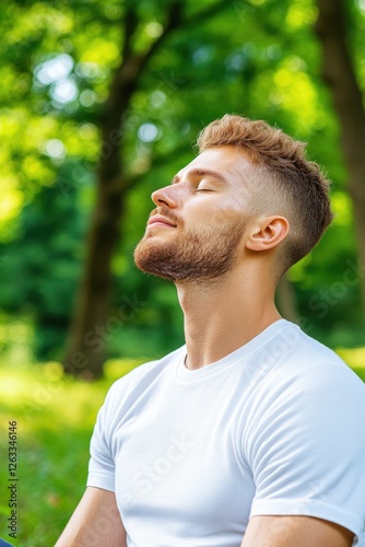Young man sits peacefully in a quiet park, eyes closed, enjoying nature and focusing on mental well-being while surrounded by greenery