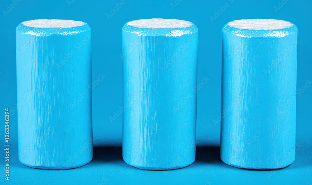Three Cylindrical Objects in Bright Blue Color on a Vibrant Blue Background, Showcasing Modern Design and Minimalist Aesthetic Three Cylindrical Objects in Bright Blue Color on a Vibrant Blue Background, Showcasing Modern Design and Minimalist Aesthetic