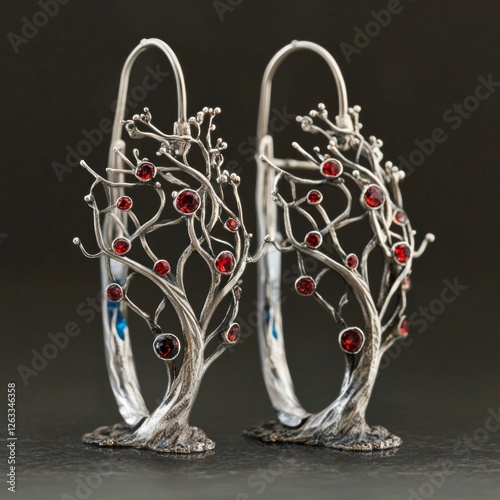 Ornate silver tree earrings adorned with red gemstones on dark background photo