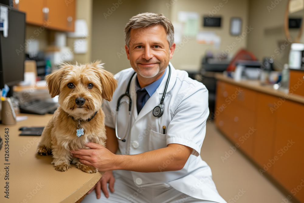 Veterinarian With Stethoscope Examines Small Brown Dog in Clinic Setting With Warm Lighting Veterinarian With Stethoscope Examines Small Brown Dog in Clinic Setting With Warm Lighting