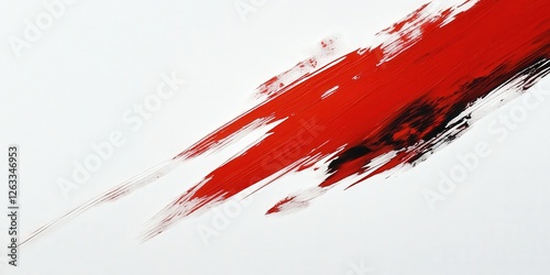 Vivid red and black brushstrokes form a dynamic diagonal across a stark white canvas. Red dominates; black accents create rhythmic contrast photo