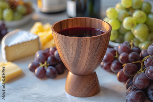 Rich red wine fills a handcrafted wooden goblet surrounded by fresh grapes, cheeses, and fruits set on a rustic table for a delightful gathering photo