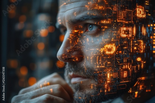Portrait of a man deep in thought against a backdrop of digital patterns and glowing circuitry, embodying the intersection of humanity and technology in a modern setting