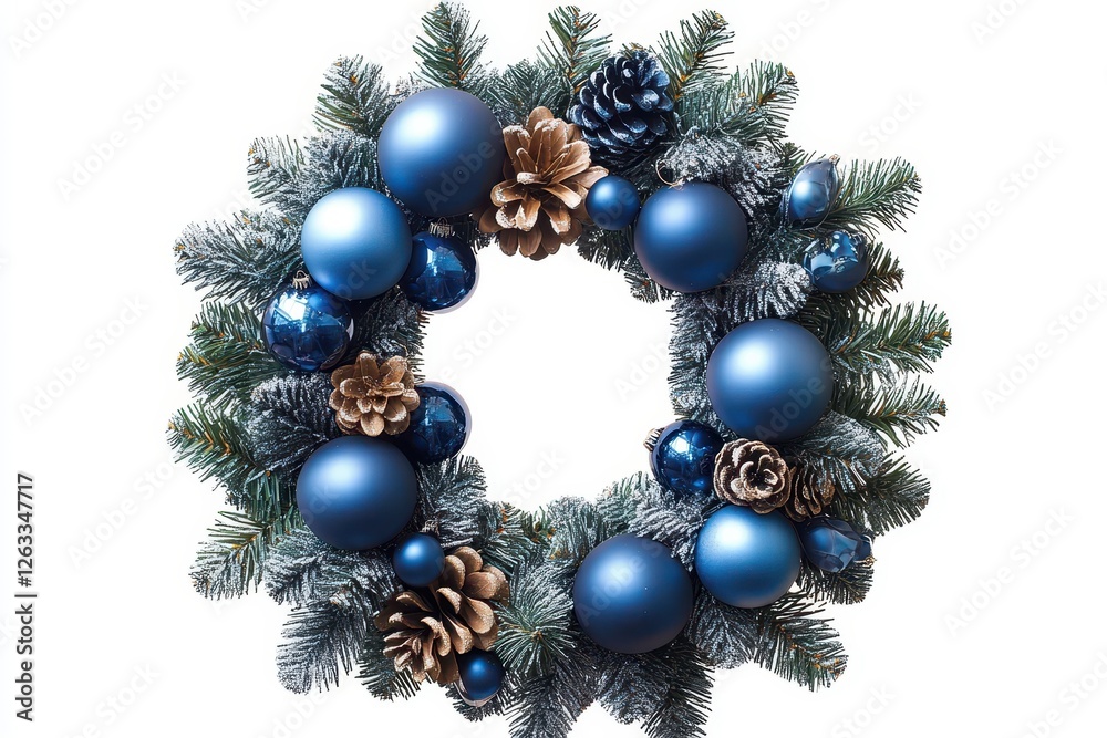 A beautifully crafted holiday wreath adorned with shimmering blue ornaments and rustic pine cones is showcased against a pristine white background, capturing the spirit of the festive season A beautifully crafted holiday wreath adorned with shimmering blue ornaments and rustic pine cones is showcased against a pristine white background, capturing the spirit of the festive season