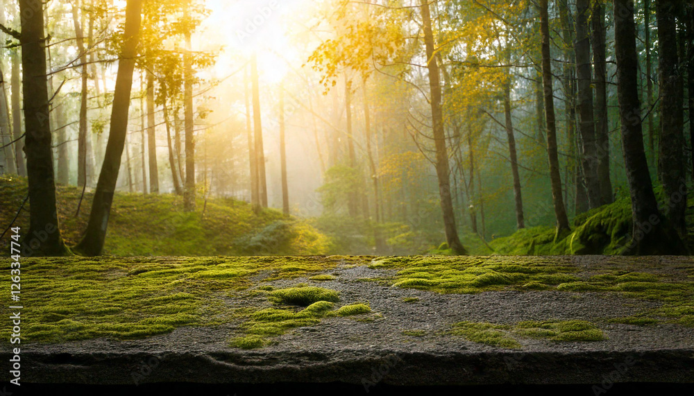 Obraz premium A dark volcanic stone table with a rough, porous texture, featuring green moss stains. Perfect for product display in natural, rustic settings, ideal for eco-friendly or outdoor product promotions.