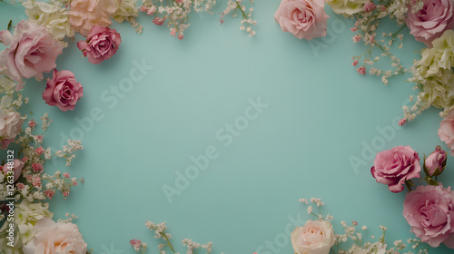 Floral frame with pink flowers on a turquoise background copy space, Spring and summer flowers. for Mother's Day