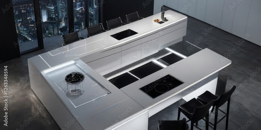 Modern kitchen design with illuminated countertop and skyline view Modern kitchen design with illuminated countertop and skyline view