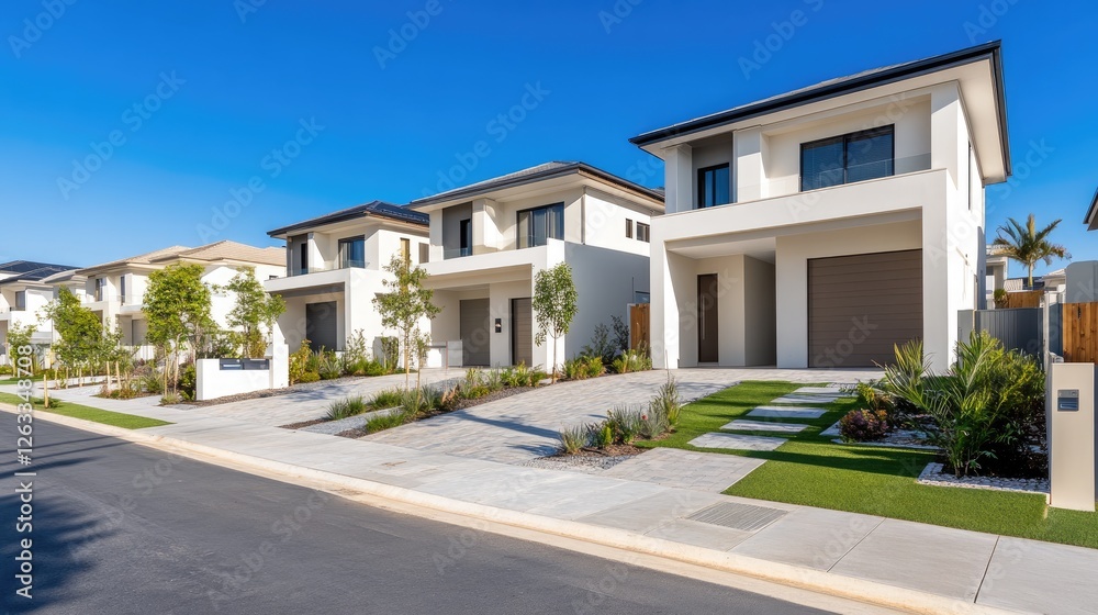 A row of brand-new suburban houses with modern architecture, neatly landscaped lawns, and driveways. A row of brand-new suburban houses with modern architecture, neatly landscaped lawns, and driveways.