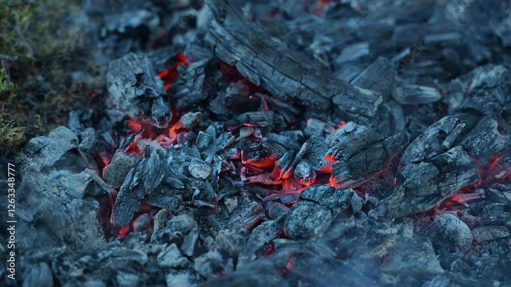 Smoldering embers of a campfire and the smoke rising from them. Burning fire with red coals. Close-up Smoldering embers of a campfire and the smoke rising from them. Burning fire with red coals. Close-up