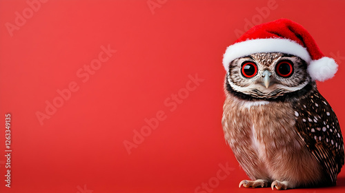 Owl with Santa hat for holiday greeting card on red background with empty space. Generative AI photo