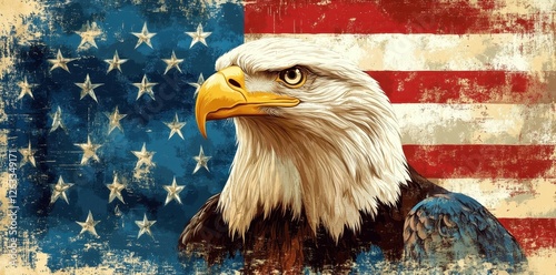 Bald eagle portrait with faded american flag backdrop displayed