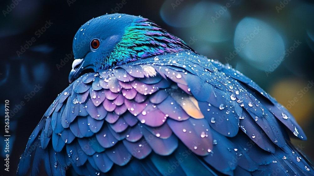 Fototapeta premium Vibrant Rain-Kissed Pigeon: A Close-Up of Iridescent Feathers