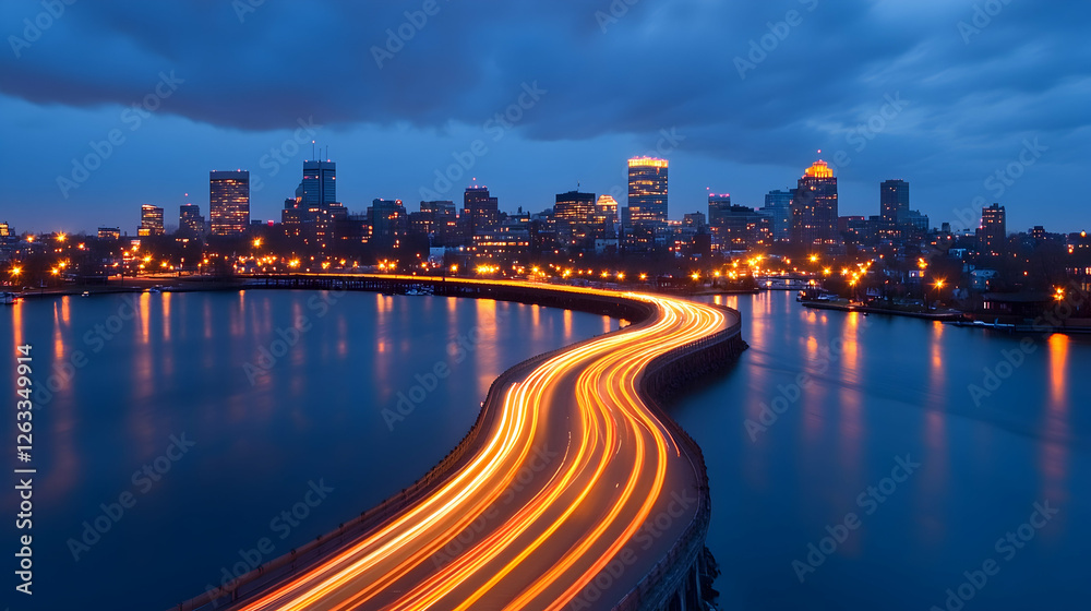 Fototapeta premium Road's light trails into illuminated city on river at night. Stock photo. Generative AI