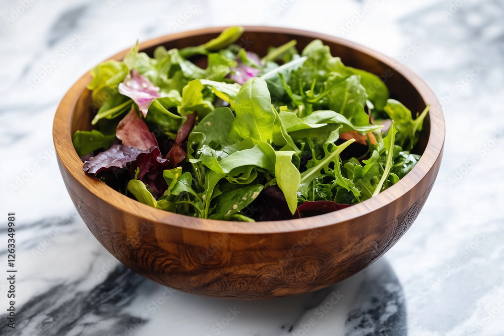 Fresh salad greens in a handmade wooden bowl on a marble countertop showcasing organic textures and vibrant colors Fresh salad greens in a handmade wooden bowl on a marble countertop showcasing organic textures and vibrant colors