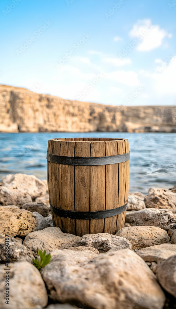 Rustic wooden barrel on a rocky beach by the sea with cliffs; stock image. Generative AI Rustic wooden barrel on a rocky beach by the sea with cliffs; stock image. Generative AI