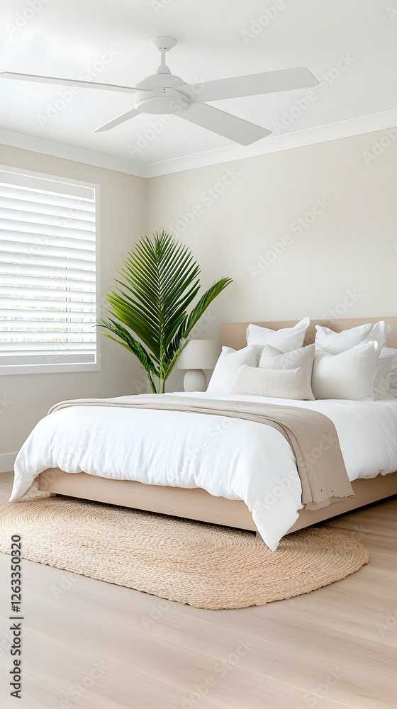 Fototapeta premium Serene bedroom with natural light, tropical plant. Interior design and real estate. Generative AI