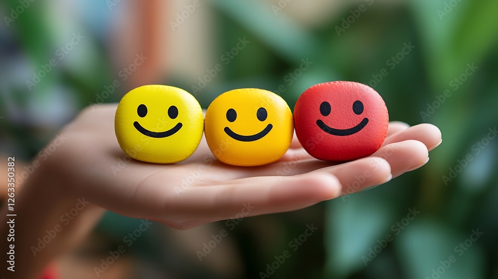 Hand holding three smiley-face stress balls; two yellow, one red. Hand holding three smiley-face stress balls; two yellow, one red.