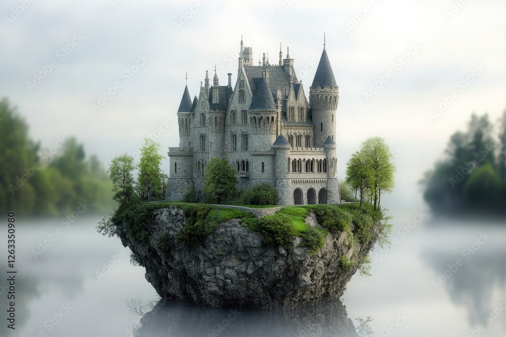 Fototapeta premium Majestic castle set on a rocky island surrounded by misty waters in a serene landscape