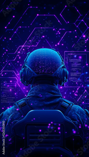 Soldier in headset facing digital data and glowing circuit pattern background. Generative AI