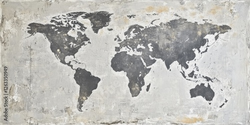 Dynamic world map crafted from striking black and white paint splatters on textured gray concrete, centralized on the left for an artistic focus, evoking fluidity and chaos in geography photo