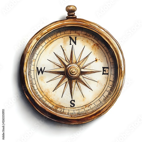 Vintage Compass Watercolor Painting Antique Navigation Tool.