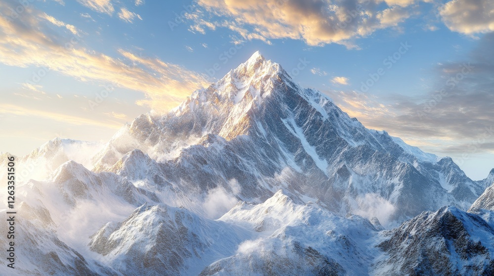 Obraz premium Golden Hour Mountain Peak Digital Painting, Snow-Capped, Majestic Landscape, High Altitude, Winter Scenery Mountains, Landscape
