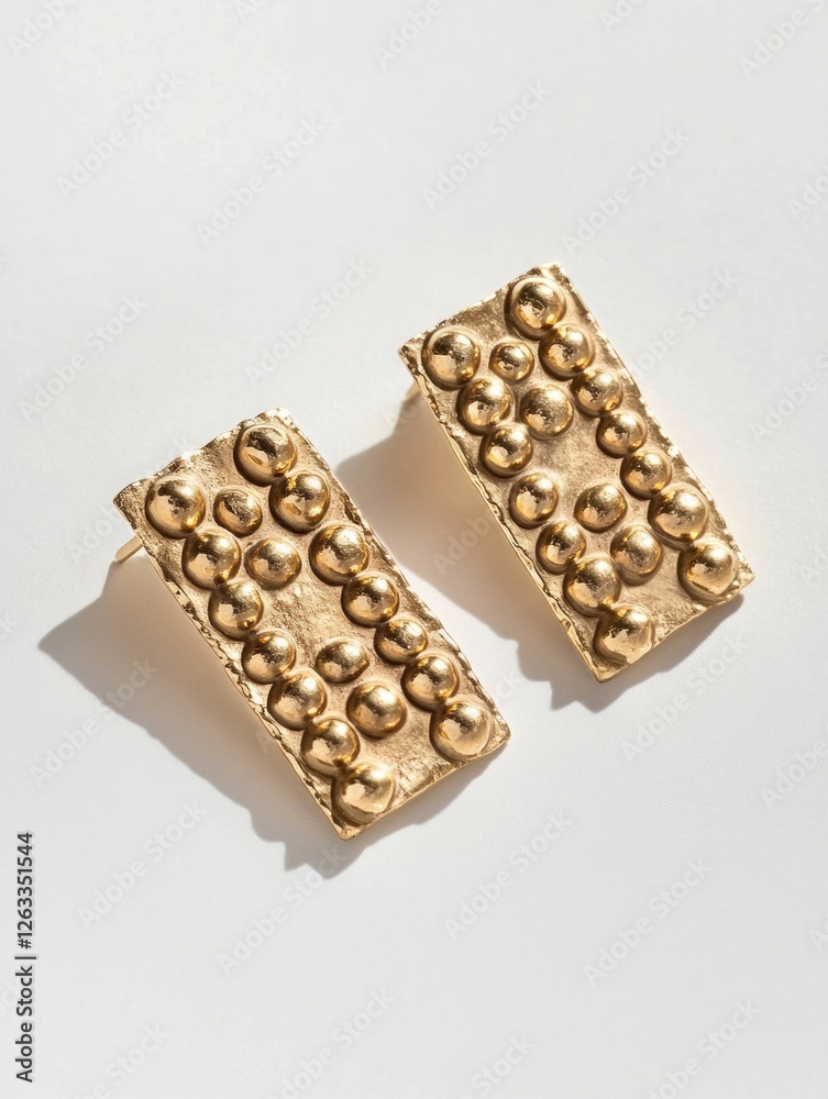 Gold rectangular earrings with textured bead design Gold rectangular earrings with textured bead design