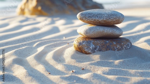 Three Stones Stacked on Sandy Beach at Sunset Zen Balance, Serenity, 3D Render, Stones, Beach, Sand Zen, Meditation