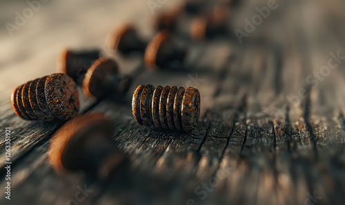 Rustic Close-Up of Screws on Weathered Wooden Surface Highlighting Industrial Aesthetics and Craftsmanship in Hardware Details photo