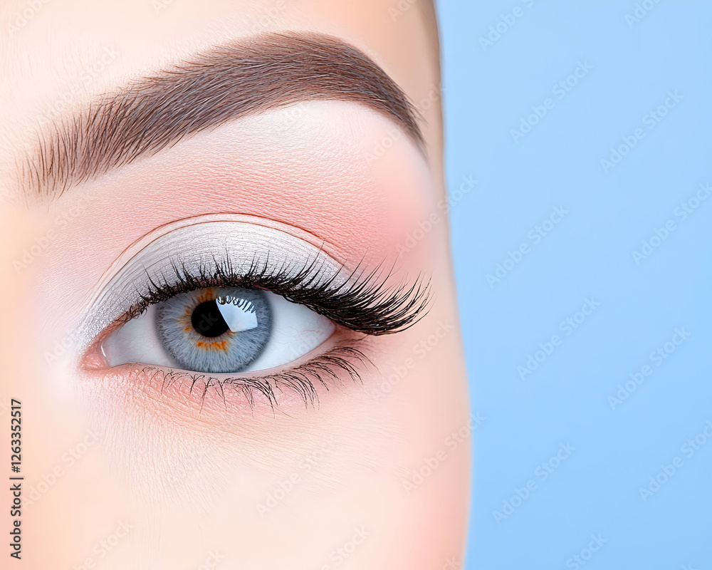 Obraz premium Woman’s blue eye with makeup on pale skin, isolated in the studio for beauty blogs. Generative AI