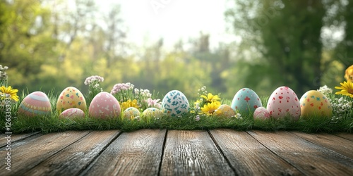 Decoratively colored Easter eggs arranged on a wooden surface in a sunny garden setting during spring photo