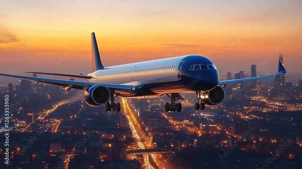 Airplane flying in the sky over the city at sunset at dusk. Travel concept, Airplane in flight at twilight with a blurred cityscape Airplane flying in the sky over the city at sunset at dusk. Travel concept, Airplane in flight at twilight with a blurred cityscape